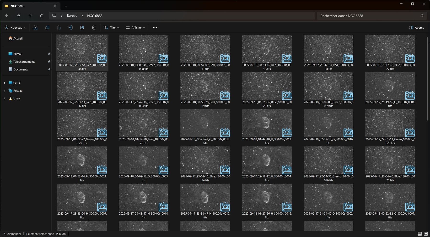 Explorateur Windows affichant les vignettes natives des fichiers FITS d'un dossier de prises sur NGC 6888